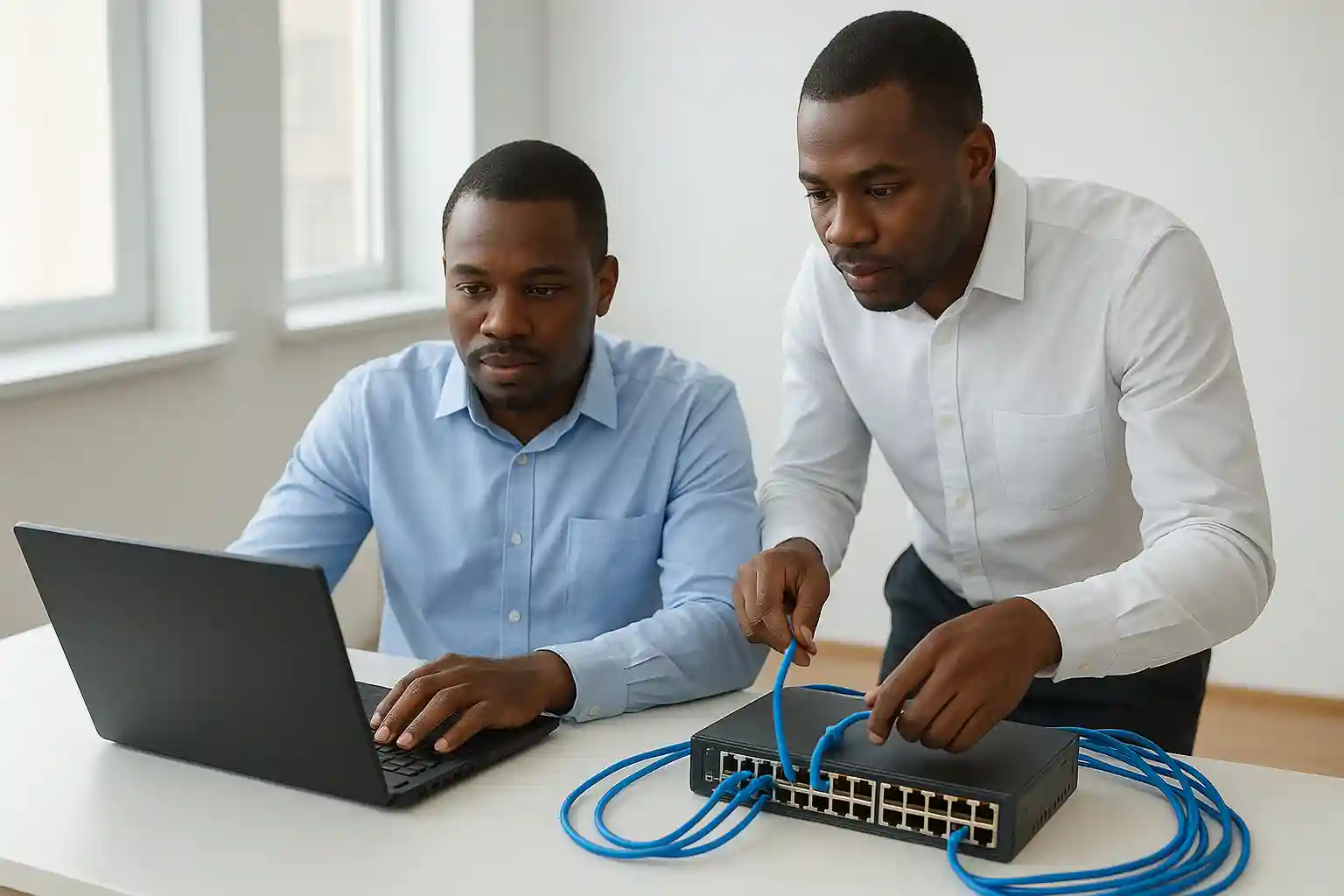IT engineers setting up a business network